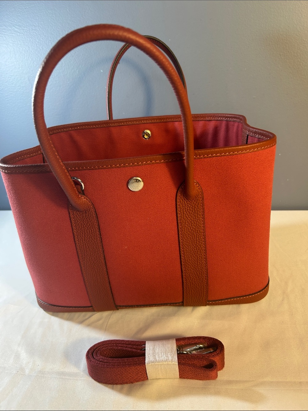 Red Canvas Tote Bag with Leather Trim crossbody